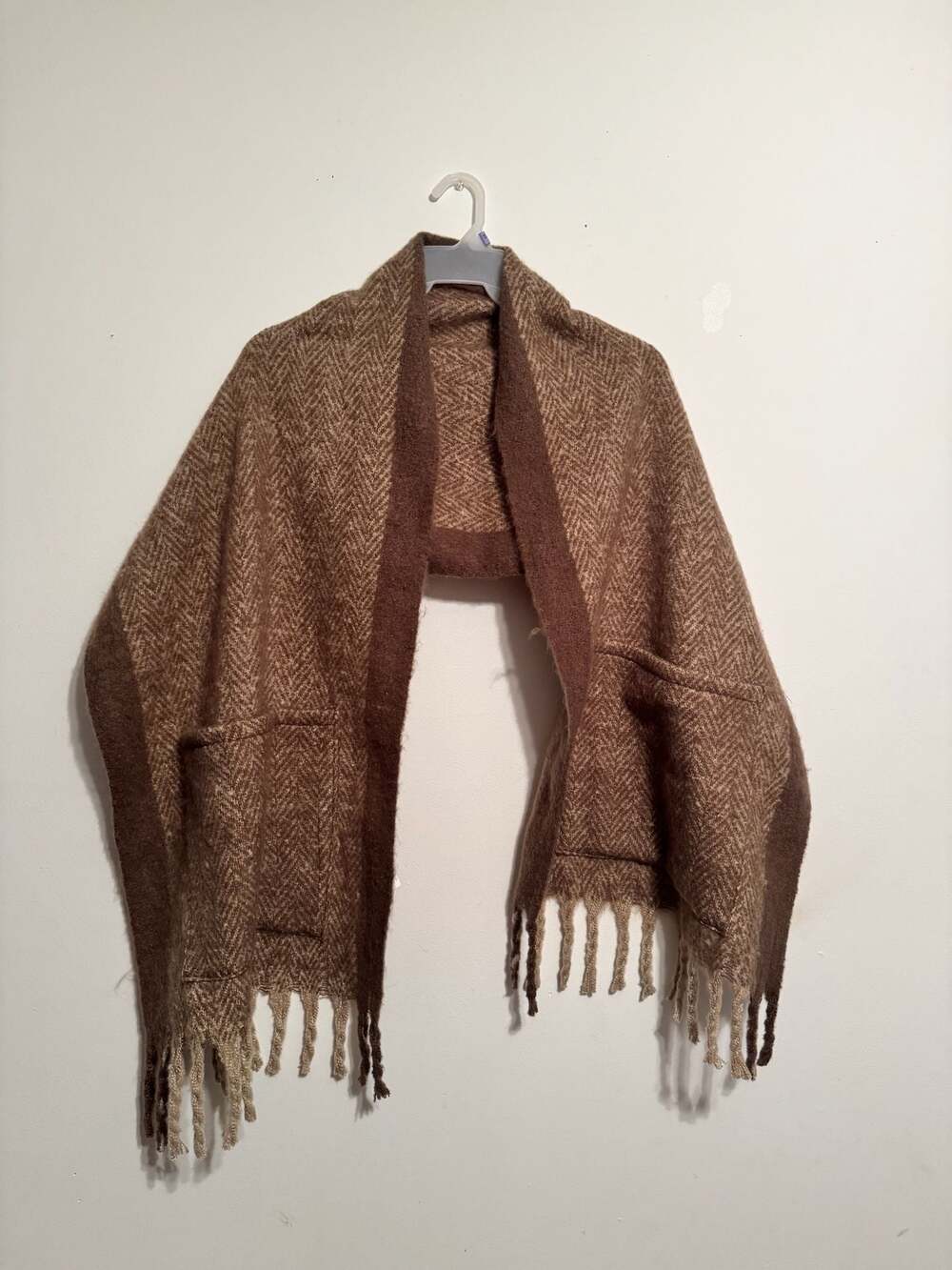 Hobby Lobby Brown Herringbone Pocket Shawl Wrap with Fringe One Size